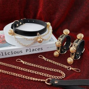 Bell Collar & Cuff Set — Noir Rouge. Luxury soft bondage restraints for couples. Velvet cuffs and harnesses. UK.