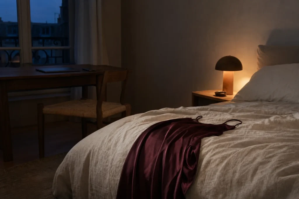 A satin nightdress draped across a bed in soft evening light