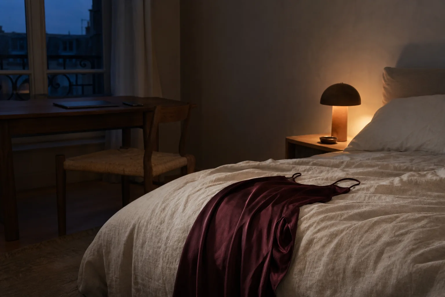 A satin nightdress draped across a bed in soft evening light