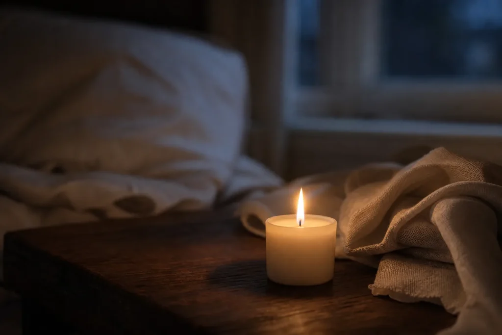 A lit candle on a bedside table in a dim room