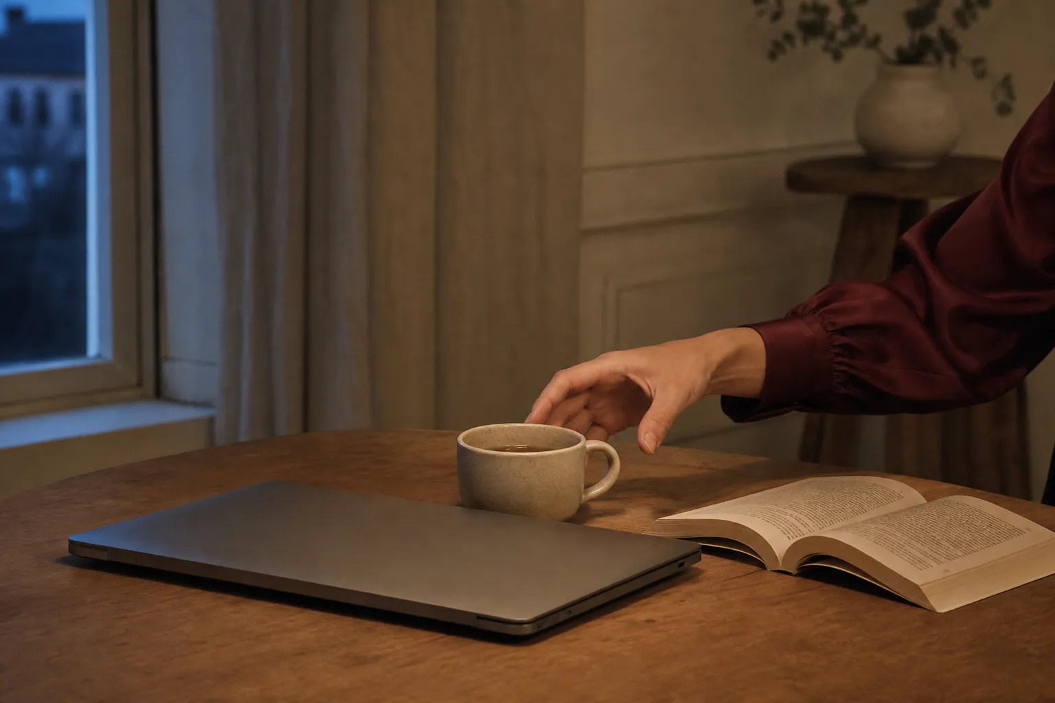 Switching from work to rest: a cup of tea next to a closed laptop
