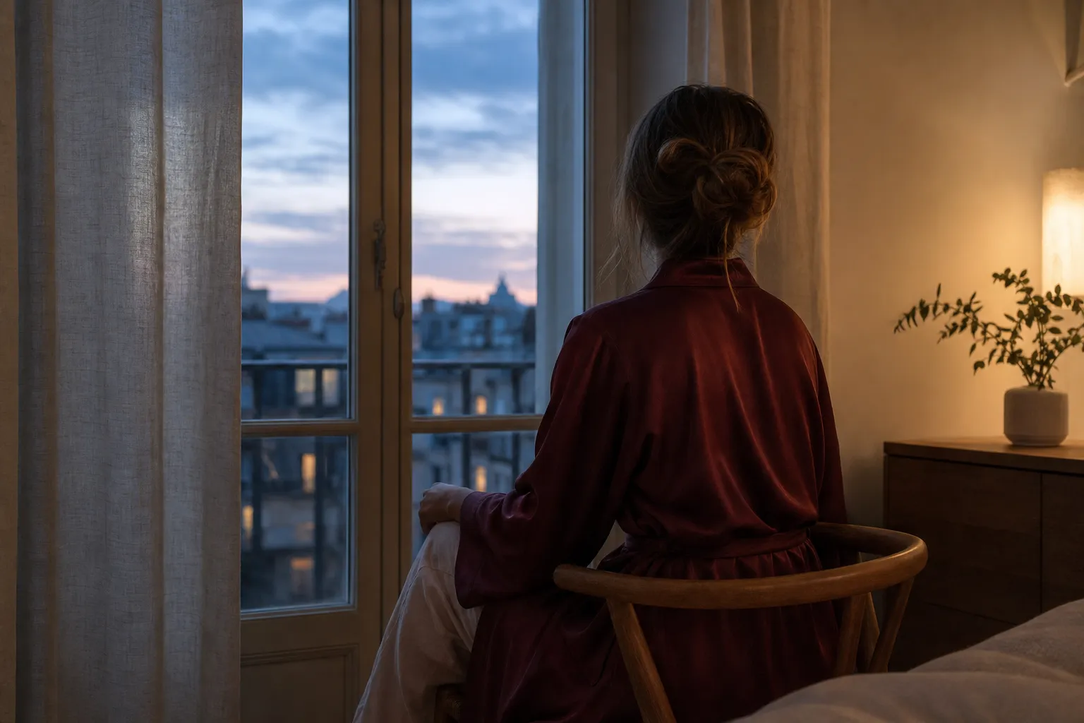 A woman sitting by the window during a quiet evening at home